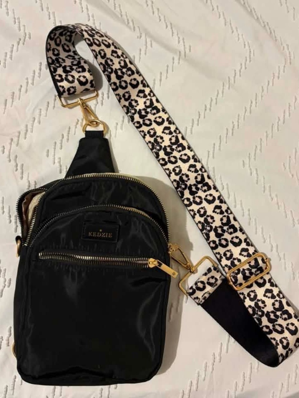 Black Nylon Crossbody Bag with Leopard Print Strap
